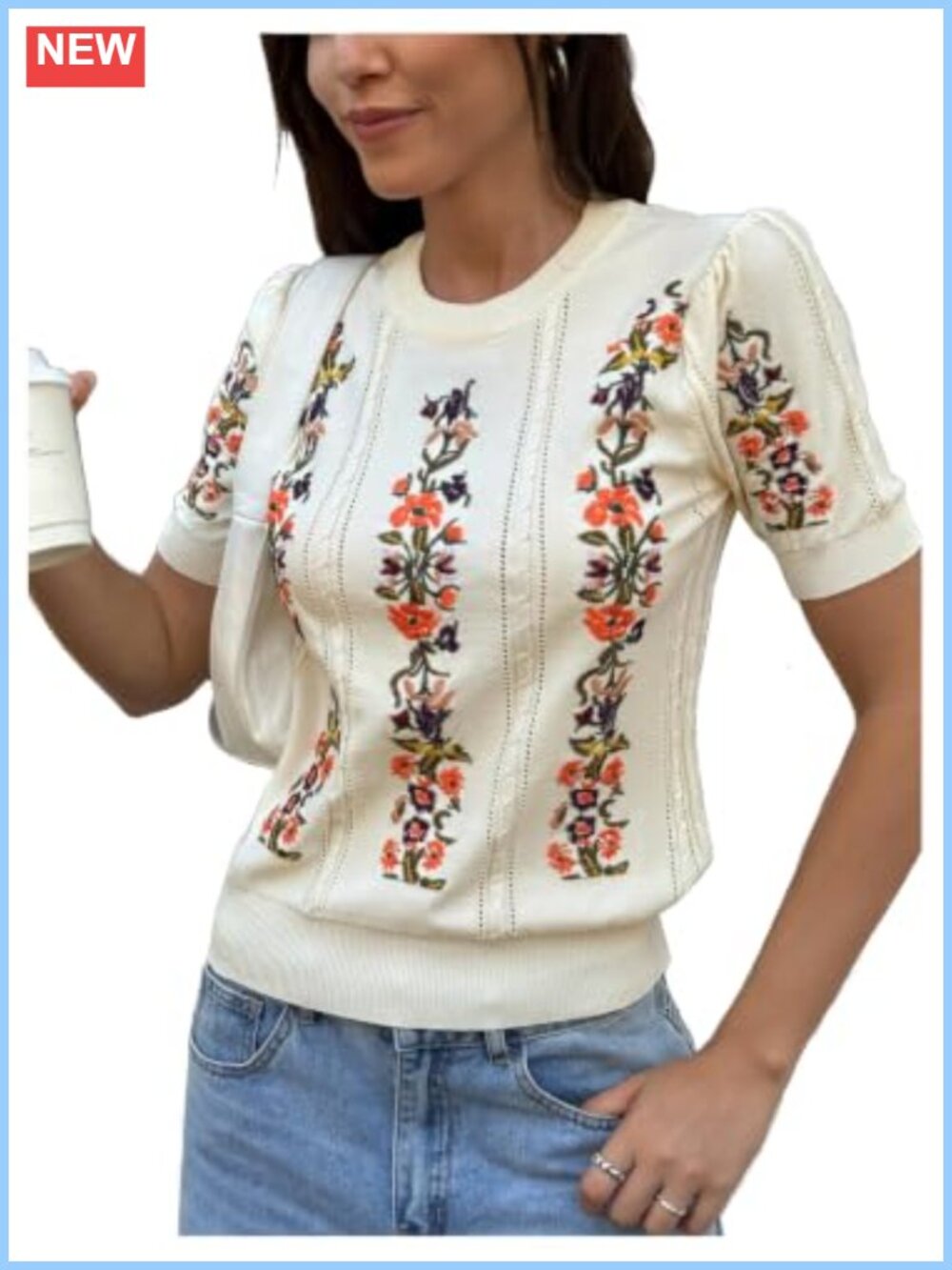 SHENHE Women's Lightweight Floral Embroidered Short Sleeve Cable Knit Sweater